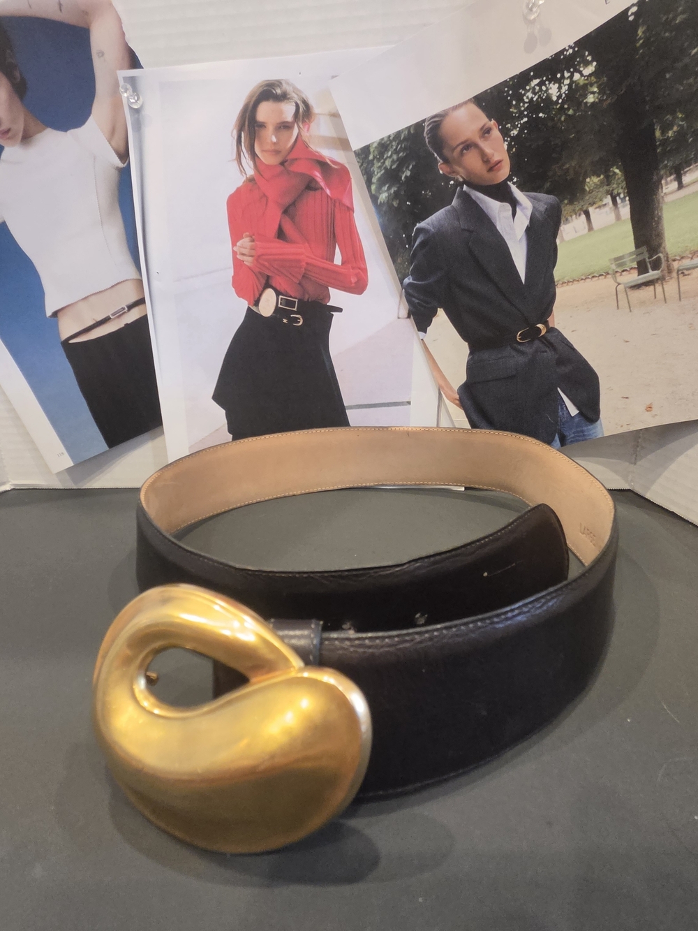 Robert Lee Morris Black Leather Belt with Sculptural Gold-Tone Buckle